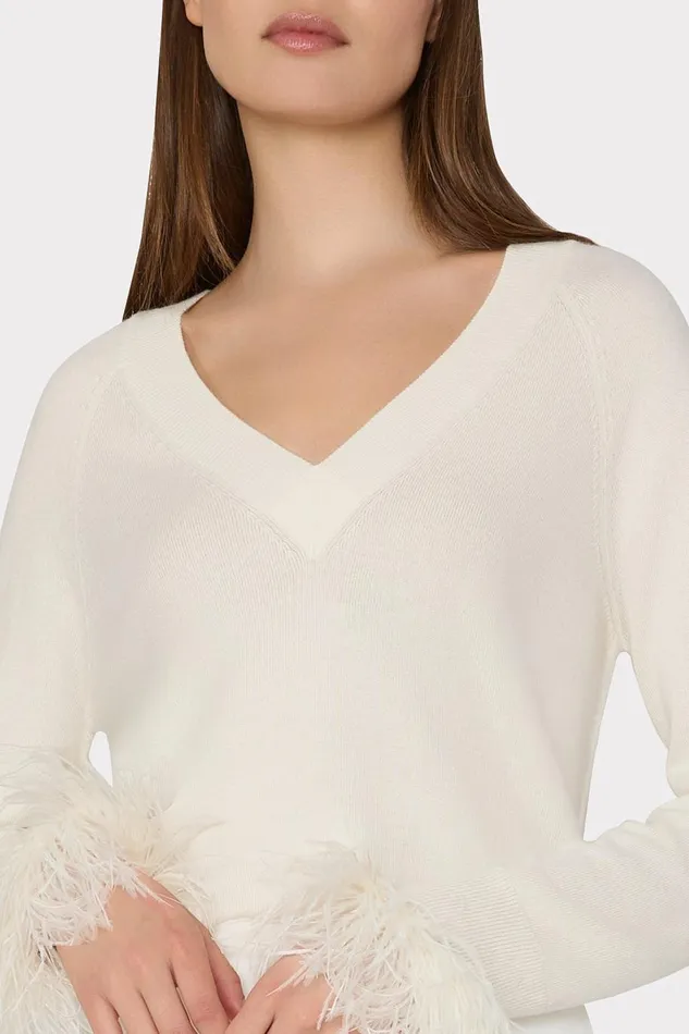 Women Tops Milly Feather Cuff VNeck Sweater Ecru