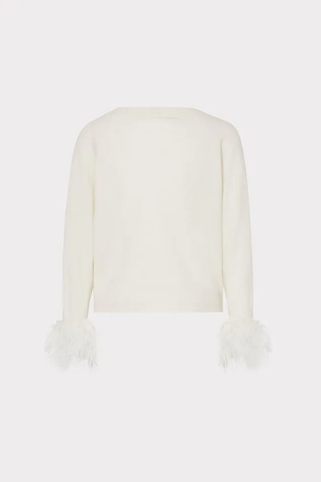 Women Tops Milly Feather Cuff VNeck Sweater Ecru