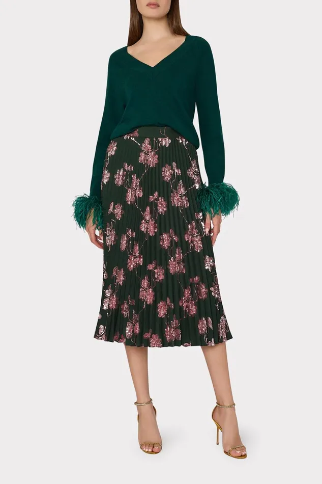 Women Tops Milly Feather Cuff VNeck Sweater Emerald Green