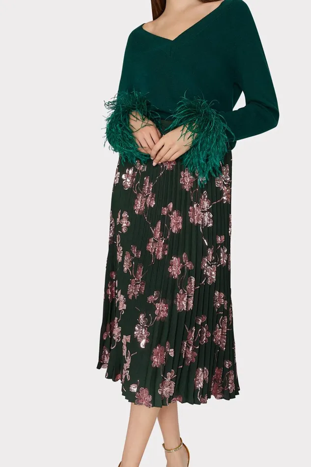 Women Tops Milly Feather Cuff VNeck Sweater Emerald Green