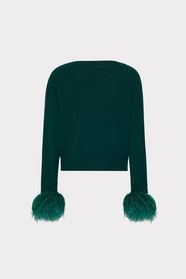 Women Tops Milly Feather Cuff VNeck Sweater Emerald Green