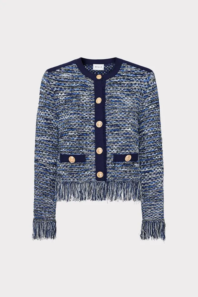 Women Tops Milly Kaia Textured Knit Cardigan Jacket Navy Multi