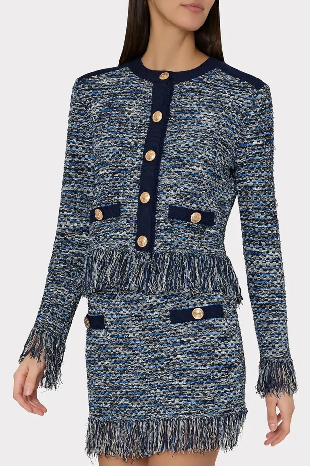 Women Tops Milly Kaia Textured Knit Cardigan Jacket Navy Multi Women Tops Milly Kaia Textured Knit Cardigan Jacket Navy Multi