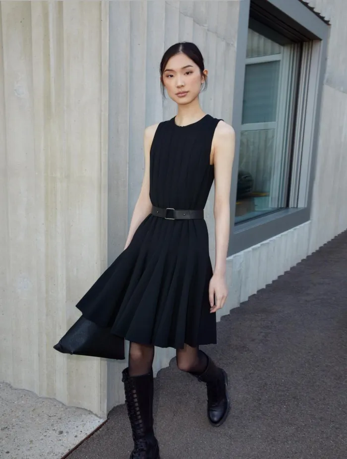 Wool DoubleFace Dress With Skaters Pleats Black Women Akris Dresses